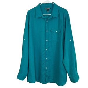 Michael Kors 100% Linen Shirt Roll Tab Long Sleeve Tailored Fit Size XXL Aqua
